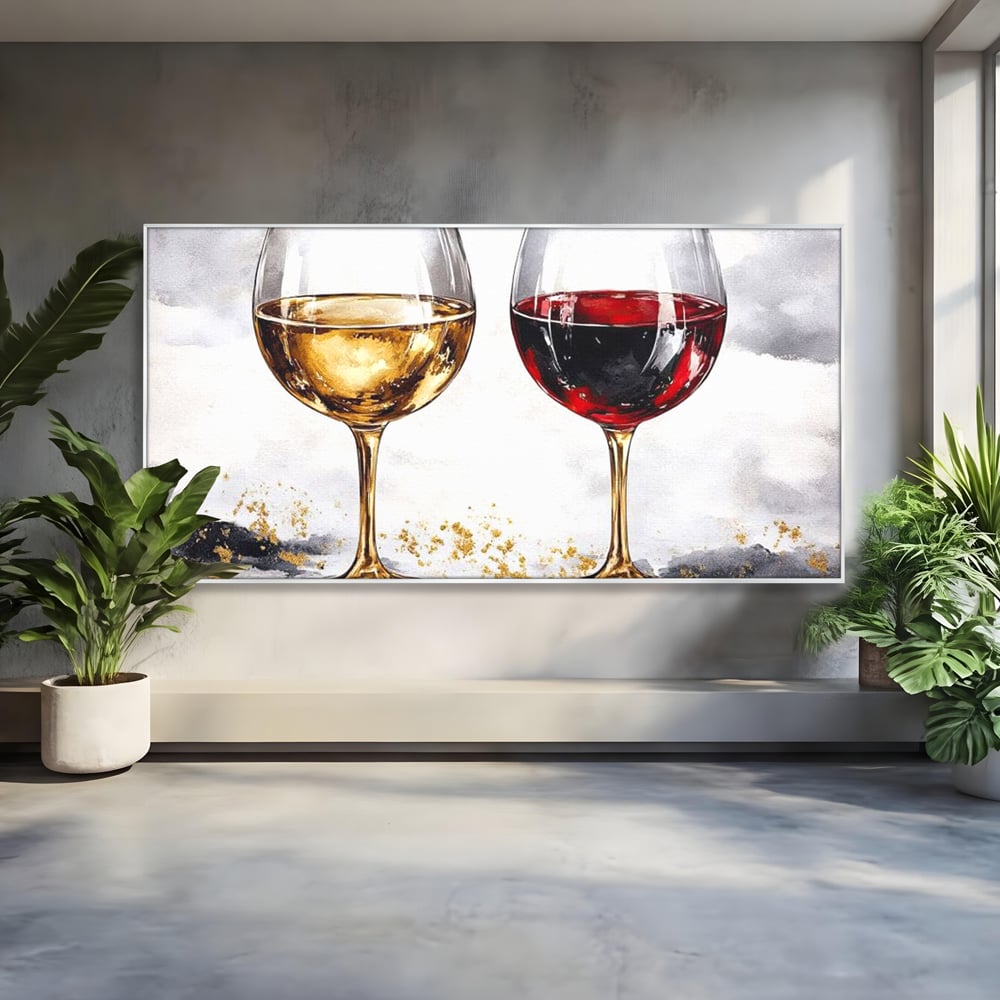Tablou canvas cu tablou canvas cu doua pahare de vin, in rama de aluminiu argintiu
